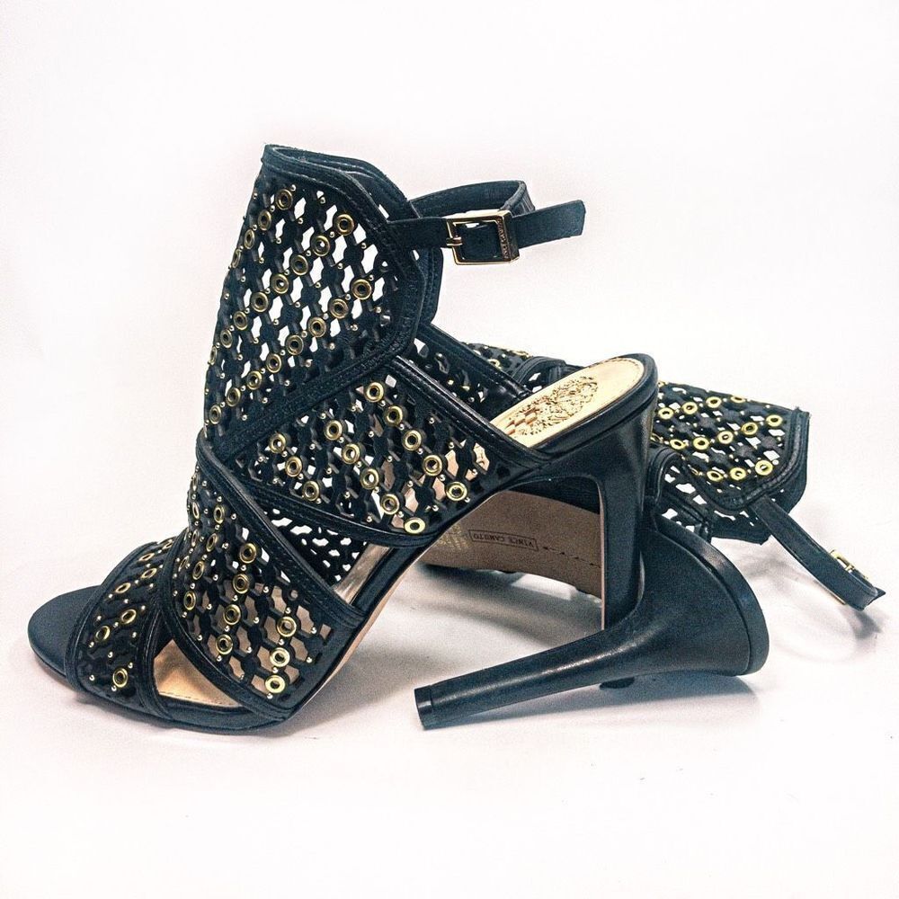 Vince Camuto Korthina Black Leather Lattice Gold Grommet Slingback Heels Sz 9.5M